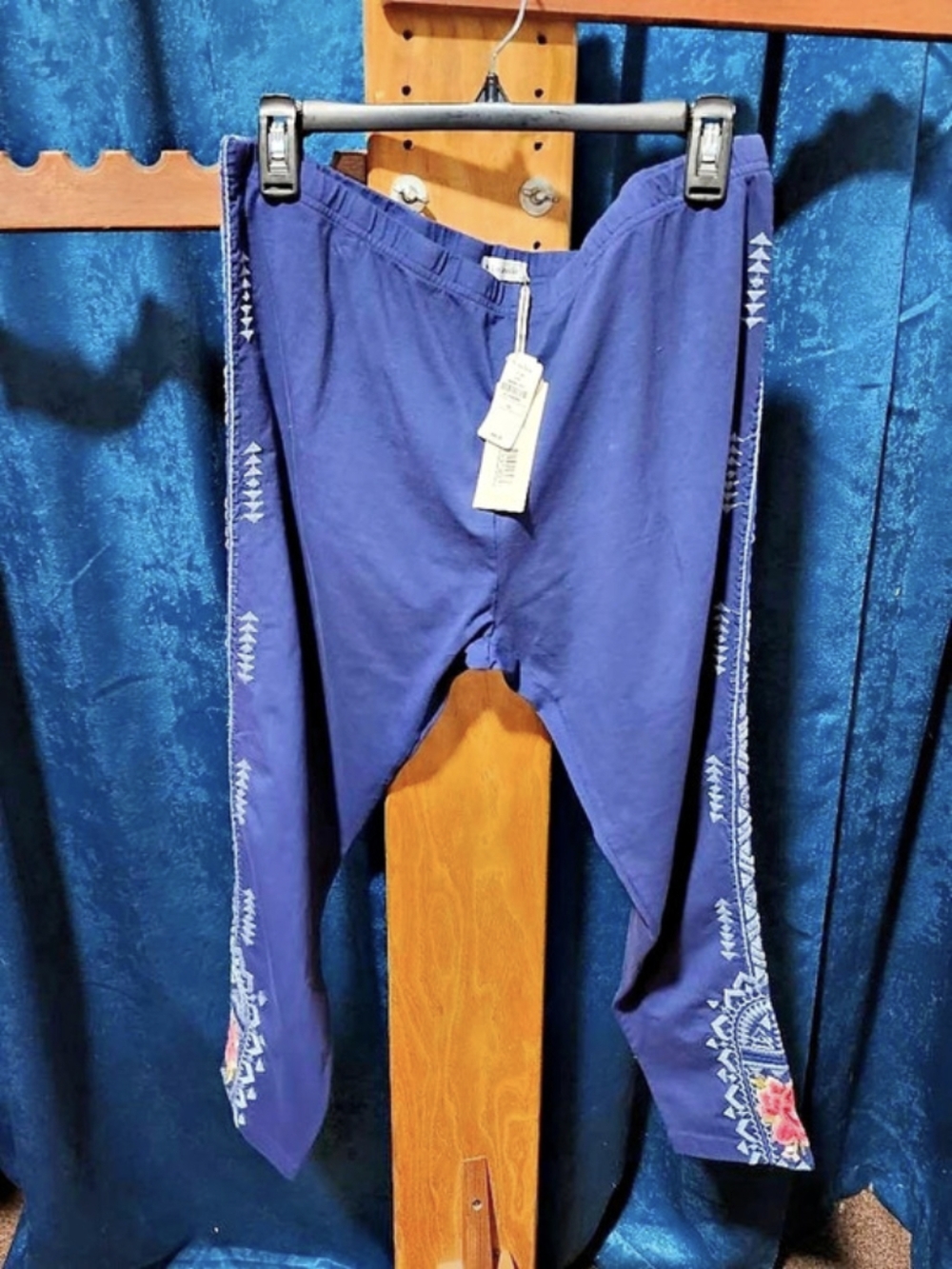 Johnny Was Zoe Embroidered Leggings Navy Floral Geometric PXL NWT